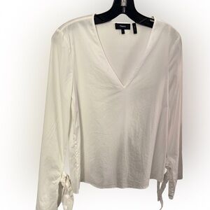 Theory Women’s White Cotton V-Neck Blouse Bell Sleeves W/ Ties Sz P